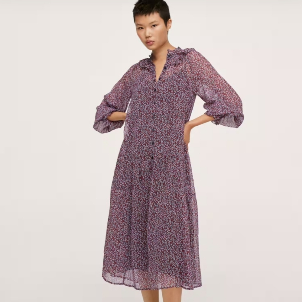 Mango Red Blue Floral Print Sheer Button Down Long Sleeve Midi Dress Size 4